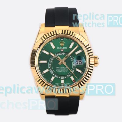 ES Factory Super Replica Rolex Sky-Dweller World Timer Green Dial Rubber Strap Watch 